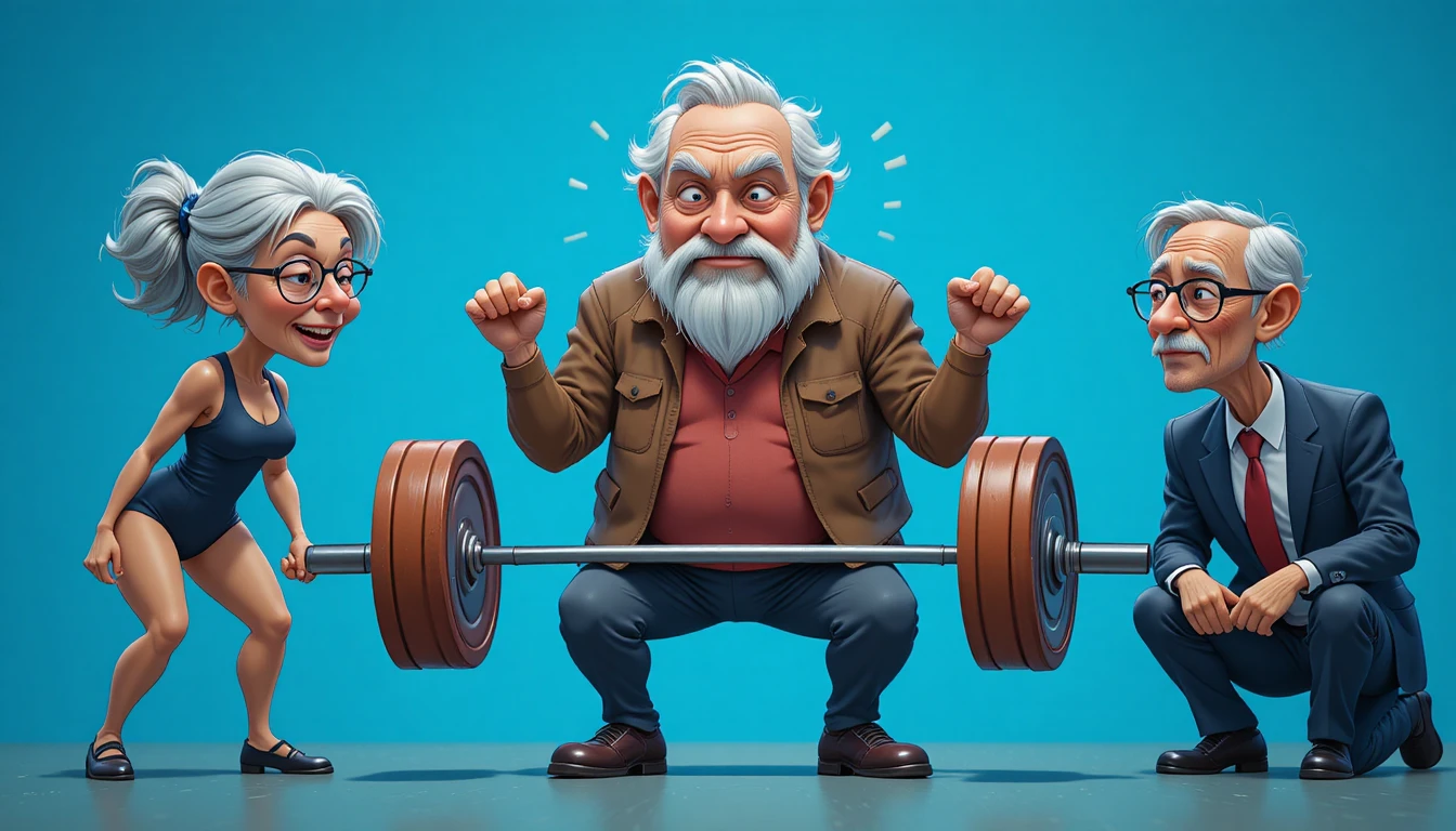 Trío de ancianos levantando pesas en una escena de caricatura azul brillante