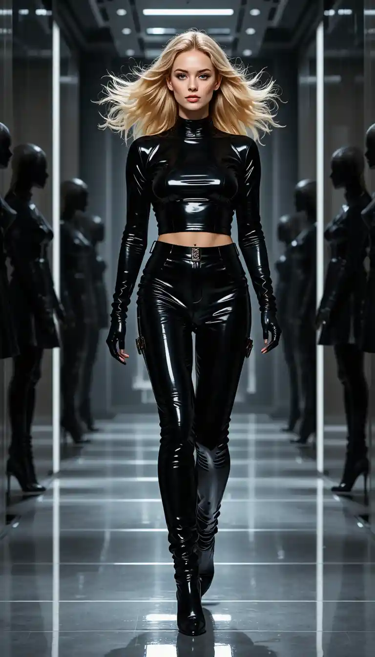 Blonde model in black vinyl outfit on fashion runway