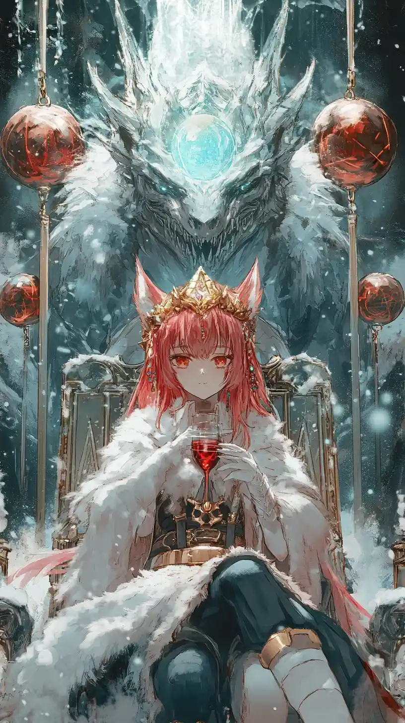 Anime girl on a golden throne in a frozen ice palace