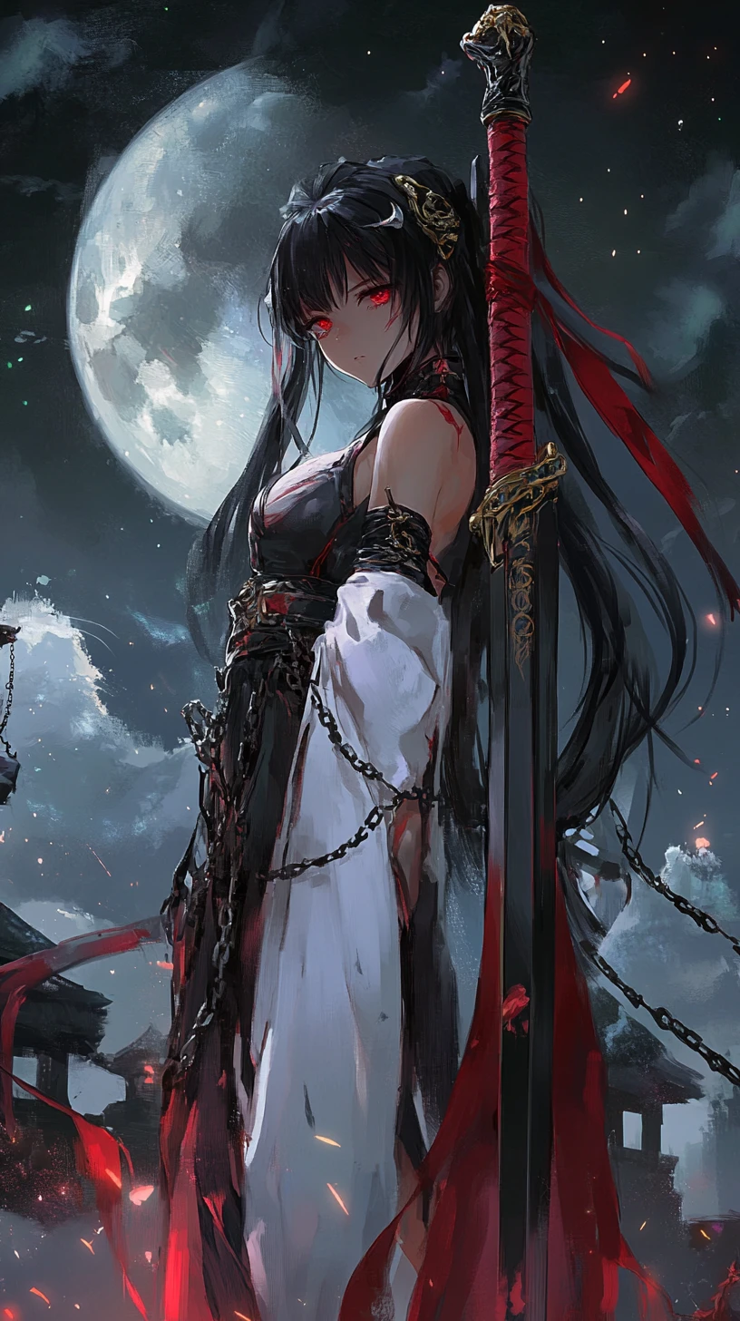 Chica de anime sosteniendo una espada celta sagrada en escalones de piedra