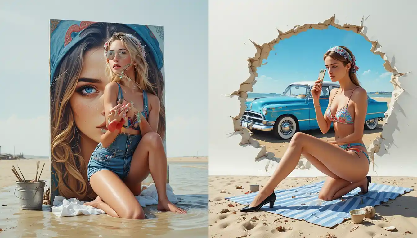 Artista rubia pinta retratos surrealistas con autos clásicos