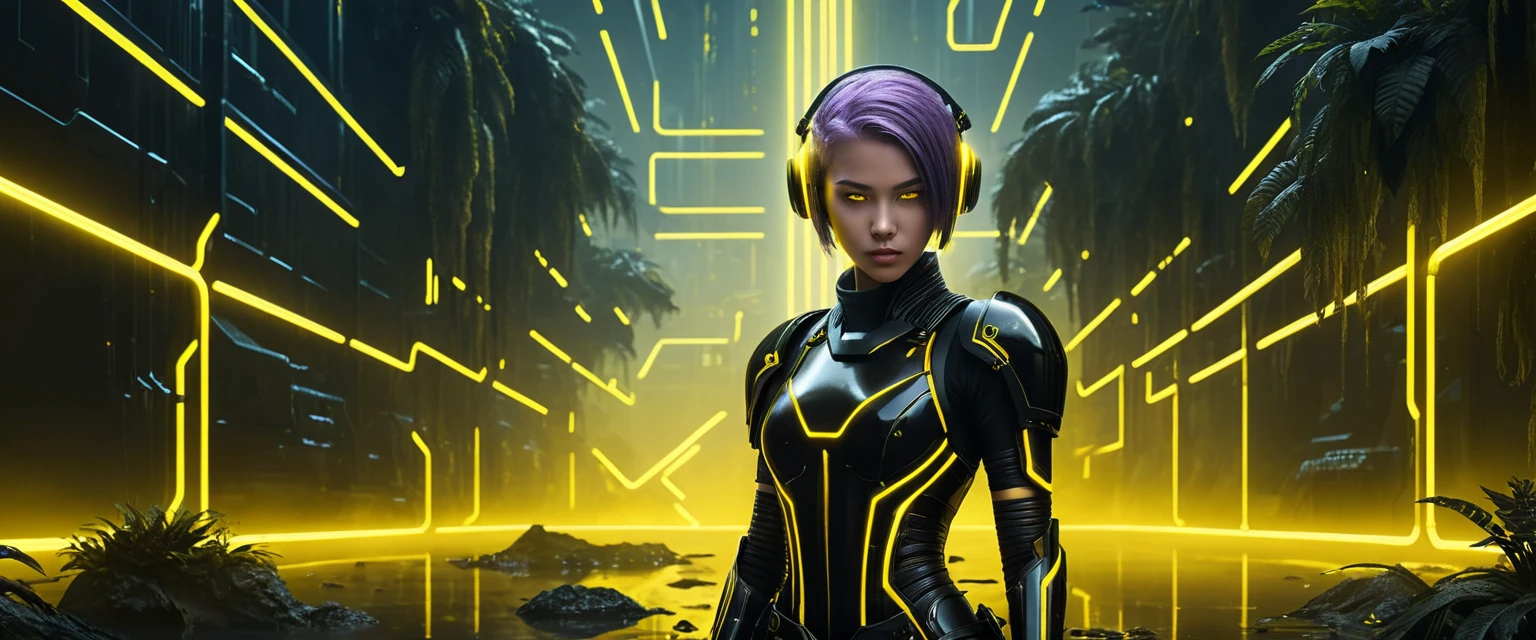 Guerreras adolescentes futuristas de cabello morado en formación con armadura neón