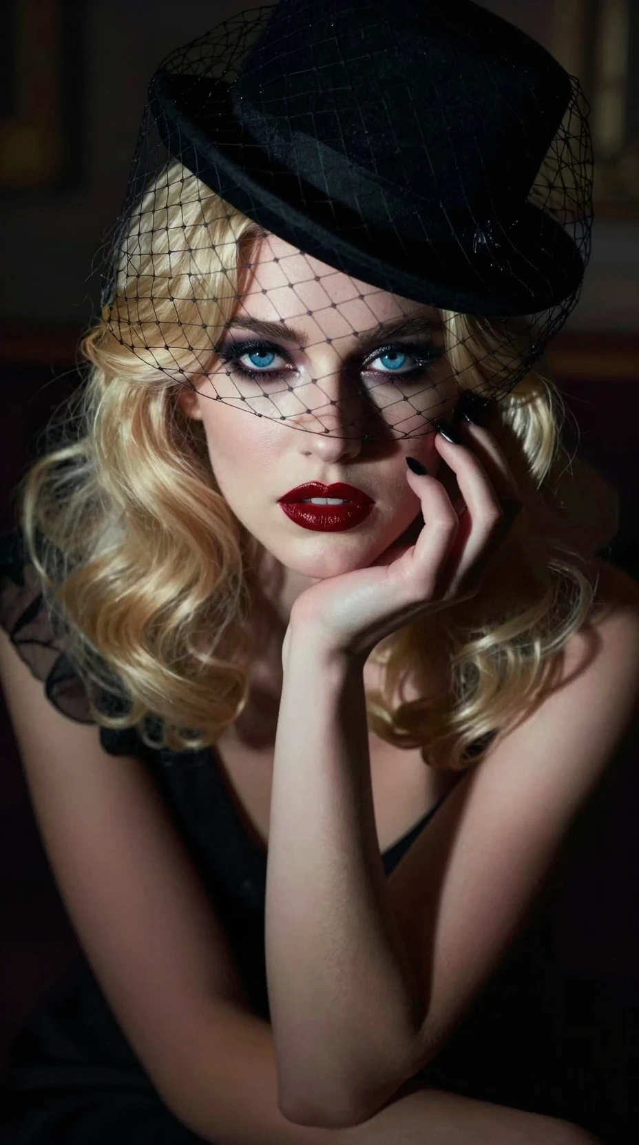 Retrato de mujer rubia mística con tocado tipo jaula de pájaro