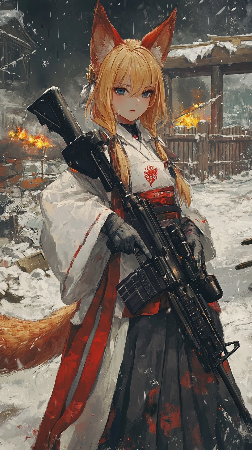 Ragazza anime che mira con un fucile in una zona di guerra in rovina