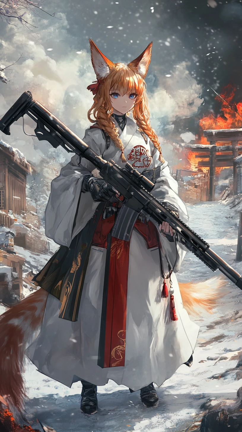 Ragazza anime che mira con un fucile in una zona di guerra in fiamme