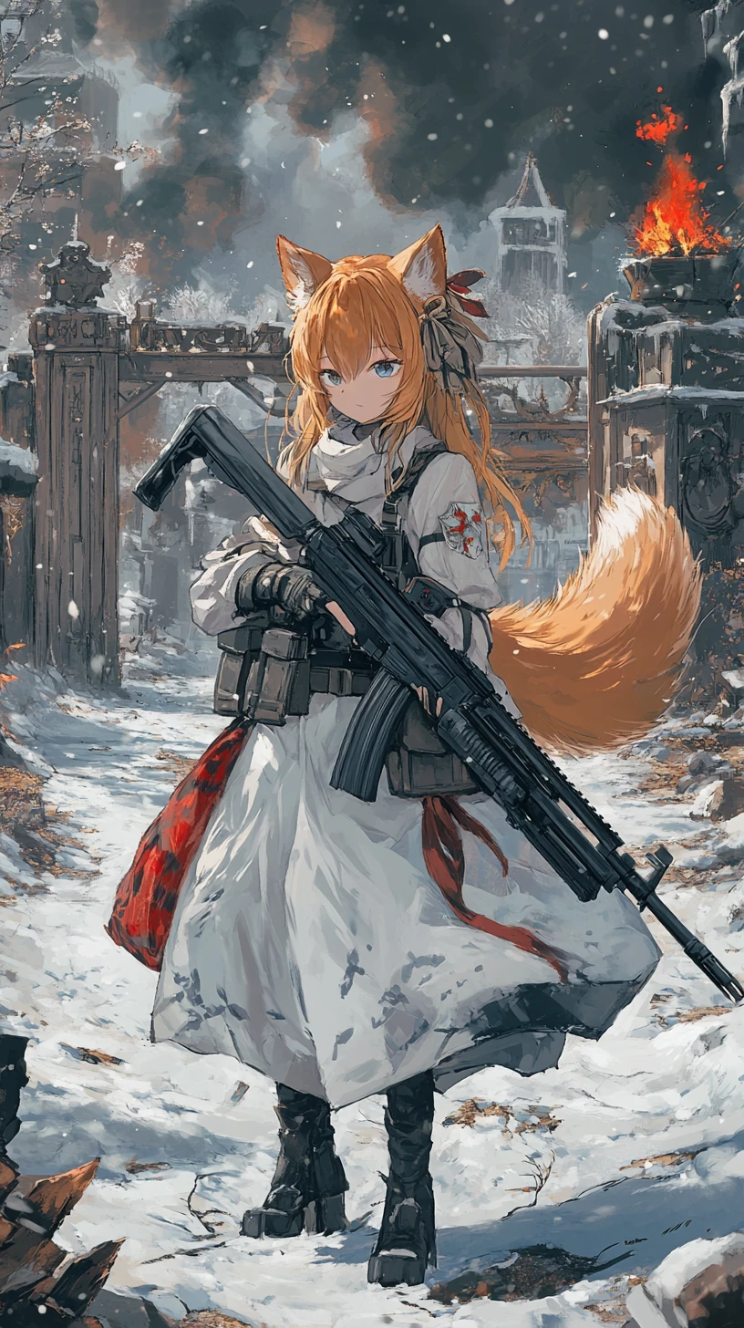 Chica de anime apuntando con un rifle en una zona de guerra en ruinas
