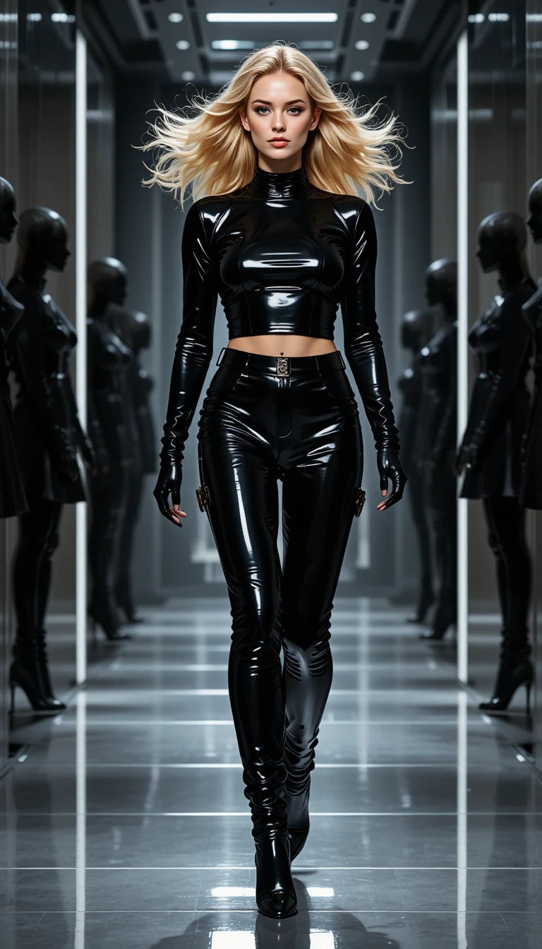 Blonde model in black vinyl outfit on fashion runway
