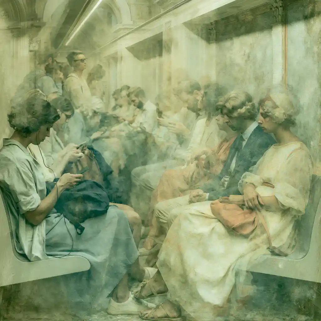 Pendolari in stile rinascimentale su una metropolitana moderna