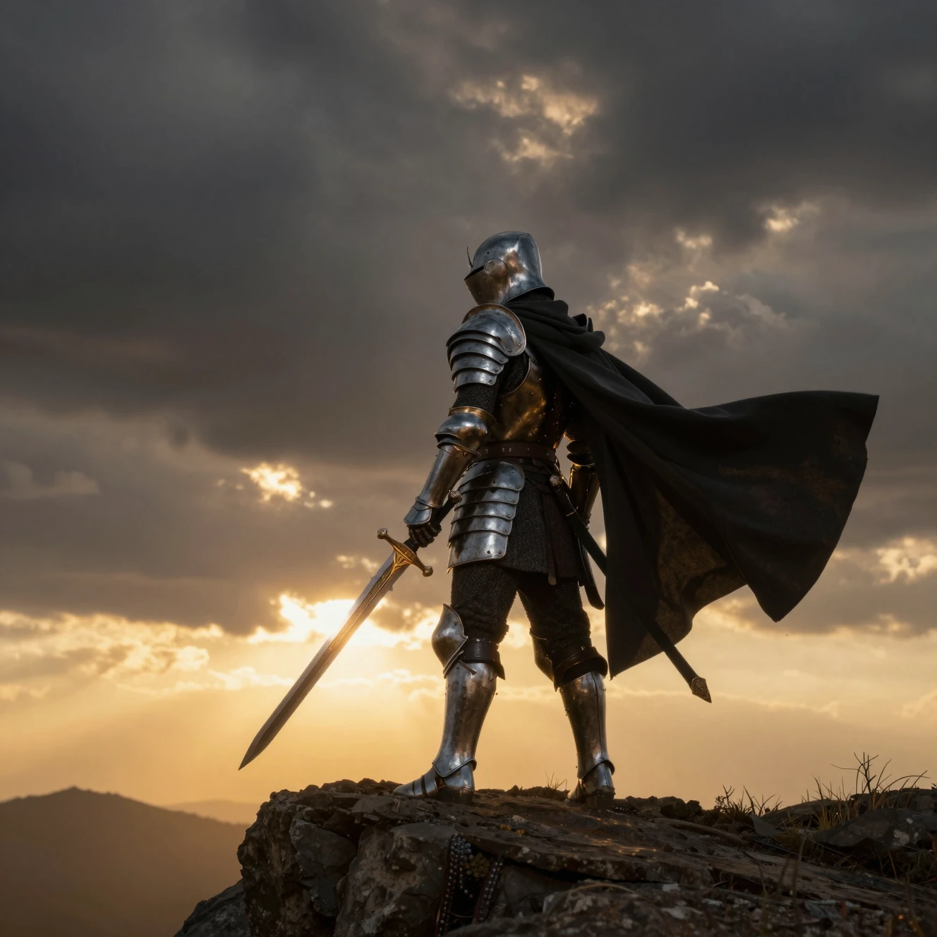 Armored warrior on a cliff at sunset with glowing sword