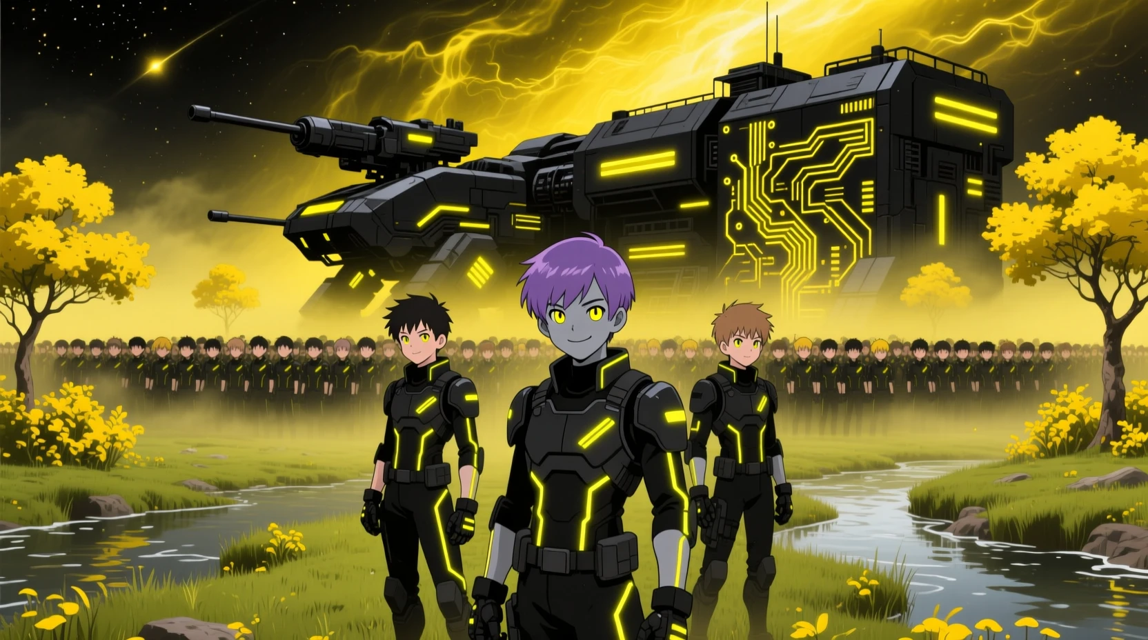 ネオンブラックアーマーをまとった未来的な少年兵の軍隊