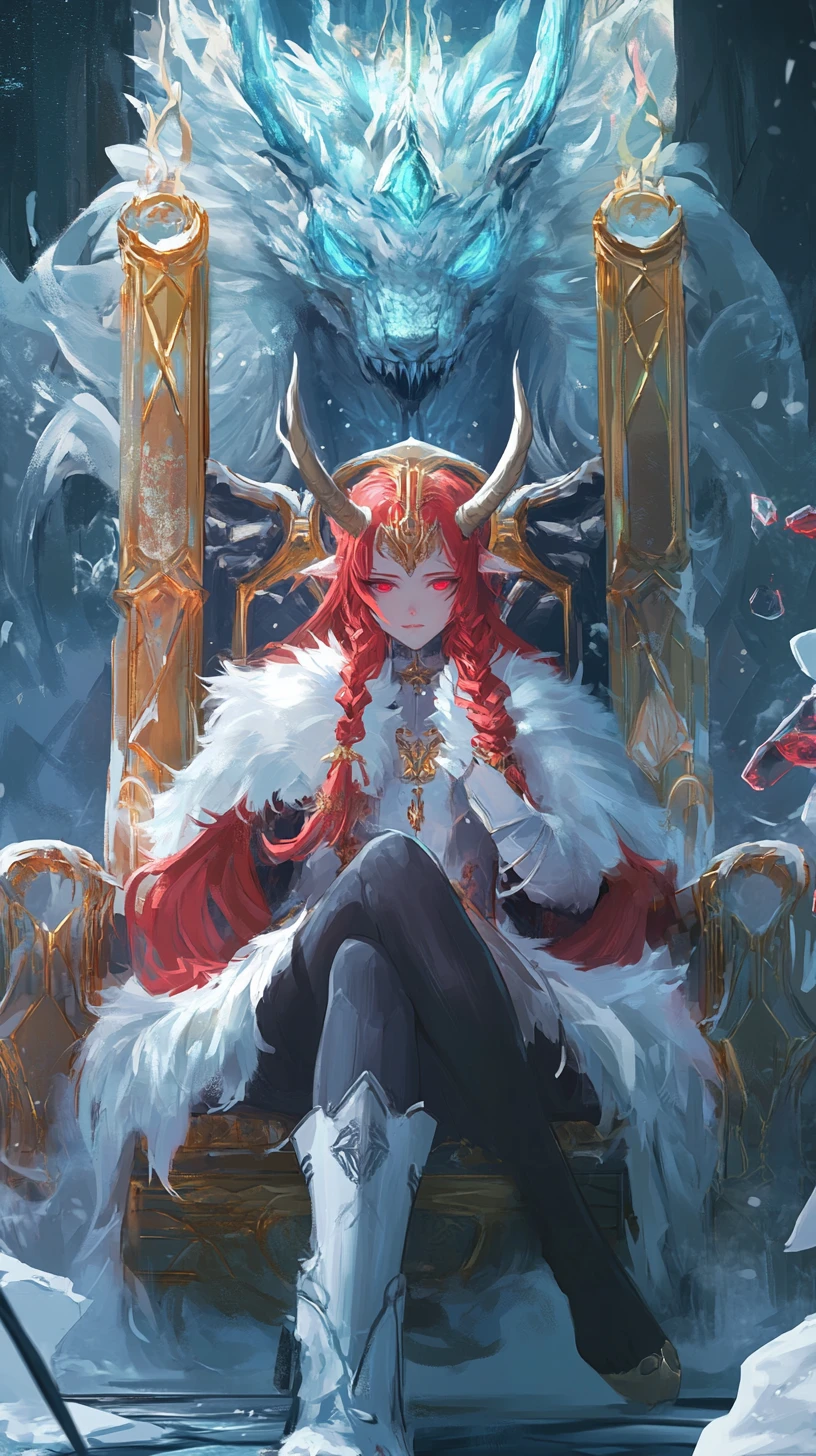 Anime girl on golden throne in icy dragon palace