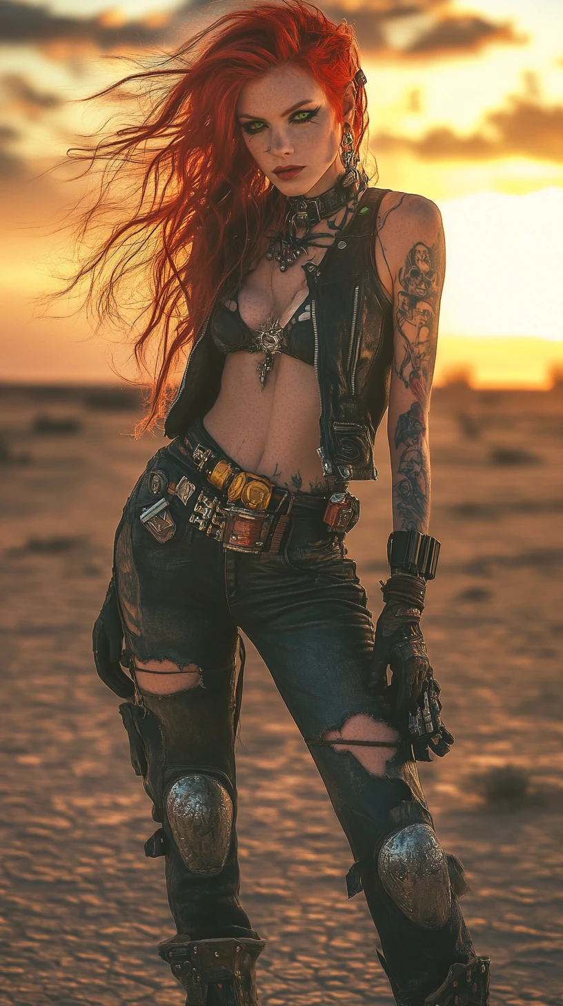 Mujer rockera pelirroja tatuada en un atardecer en el desierto