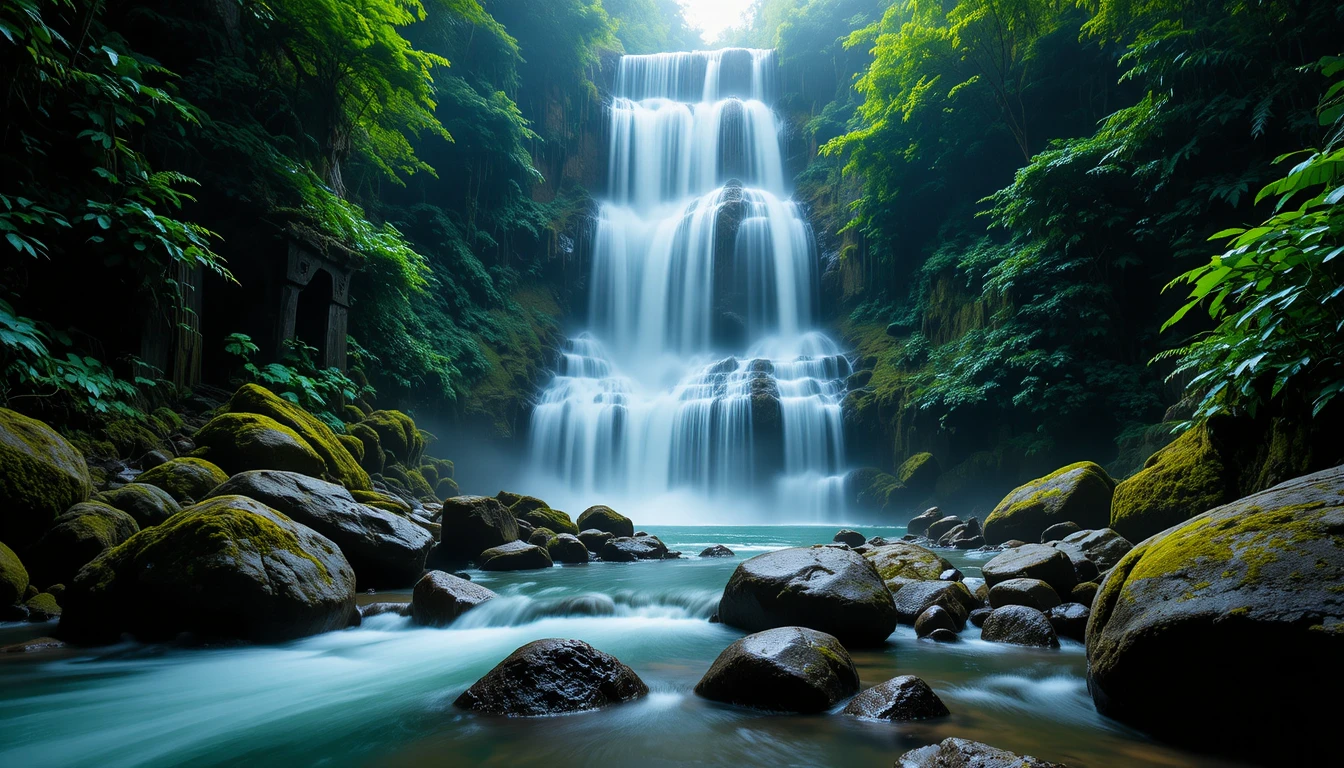 Majestuosa cascada en la jungla con rocas cubiertas de musgo y arroyo fluido