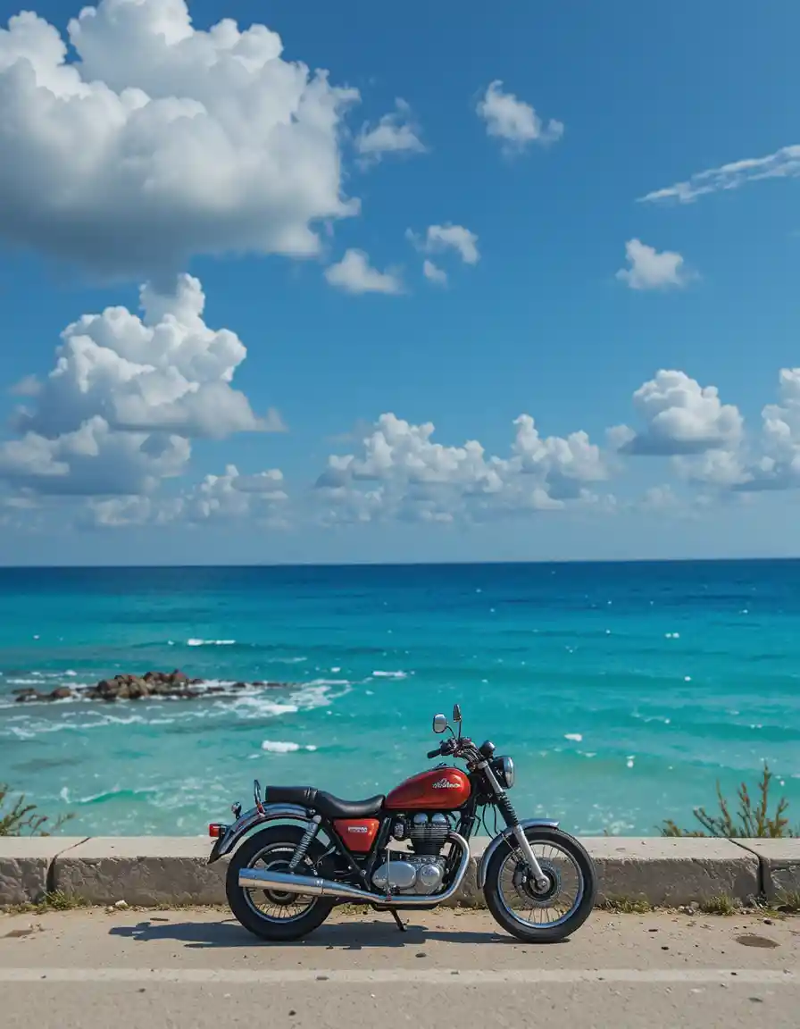 Motocicleta no mar de verão sob um céu azul claro