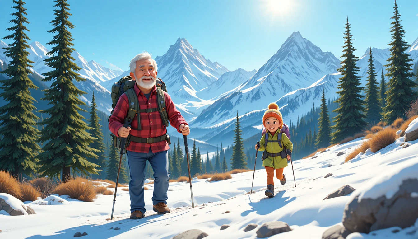 Abuelos y niño haciendo senderismo juntos en montañas nevadas