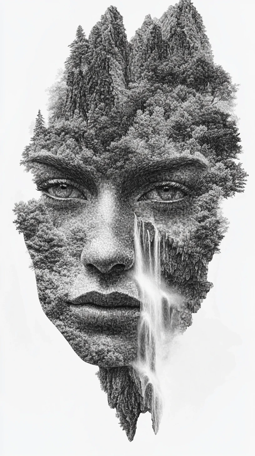 Surreal mountain landscape forming a distant human face