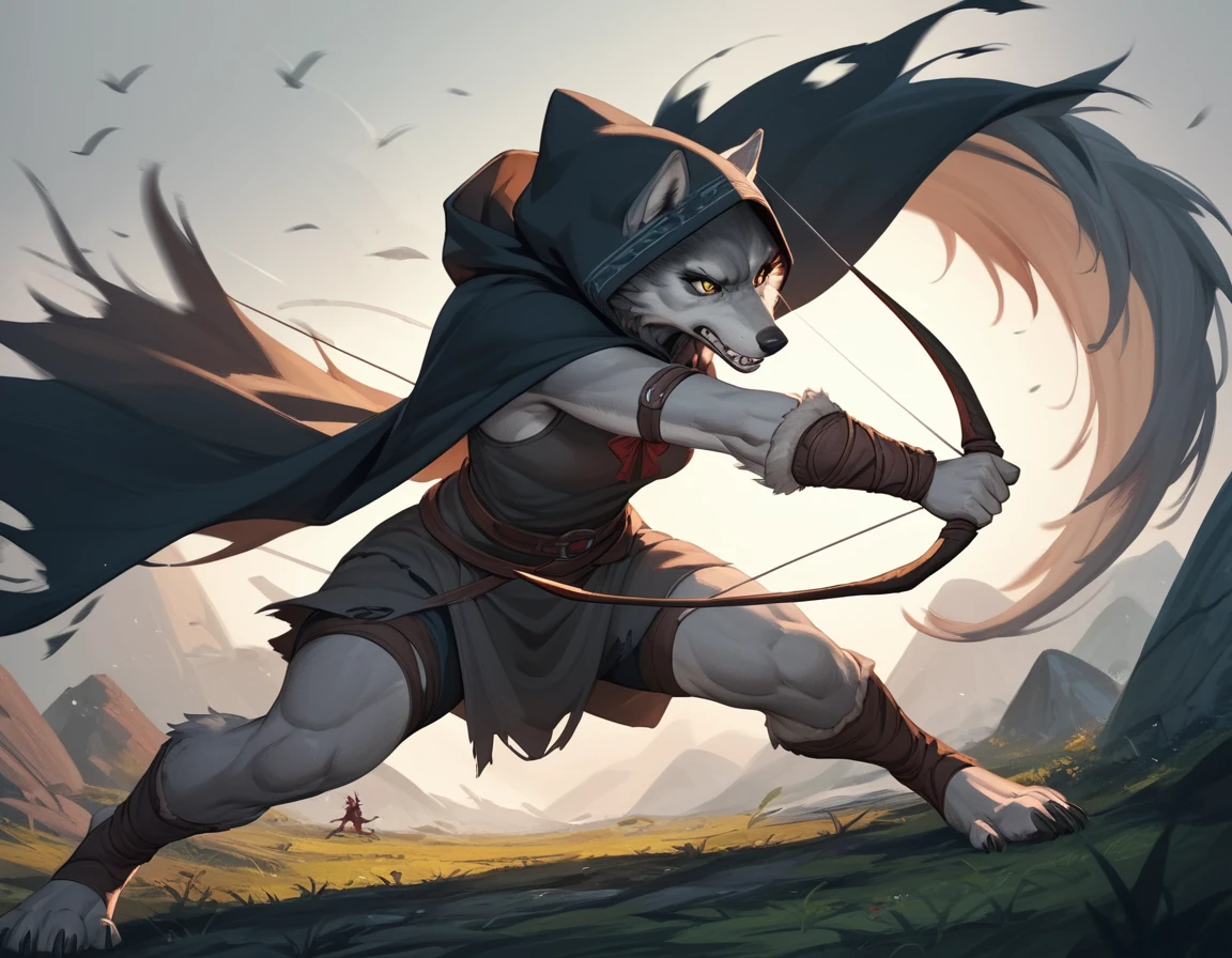 Anthropomorphic Wolf Archer Fighting A Monster With Bow