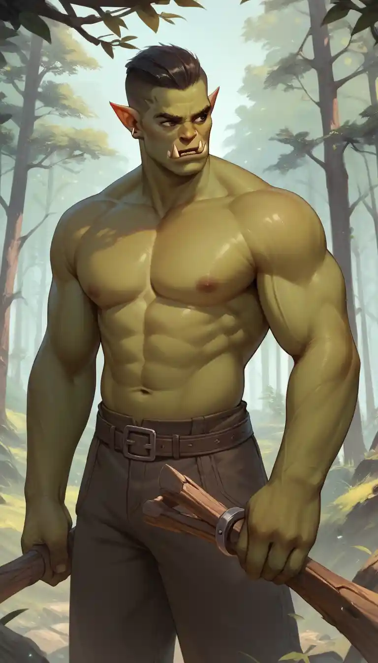 Orc warrior holding a wooden weapon in a forest