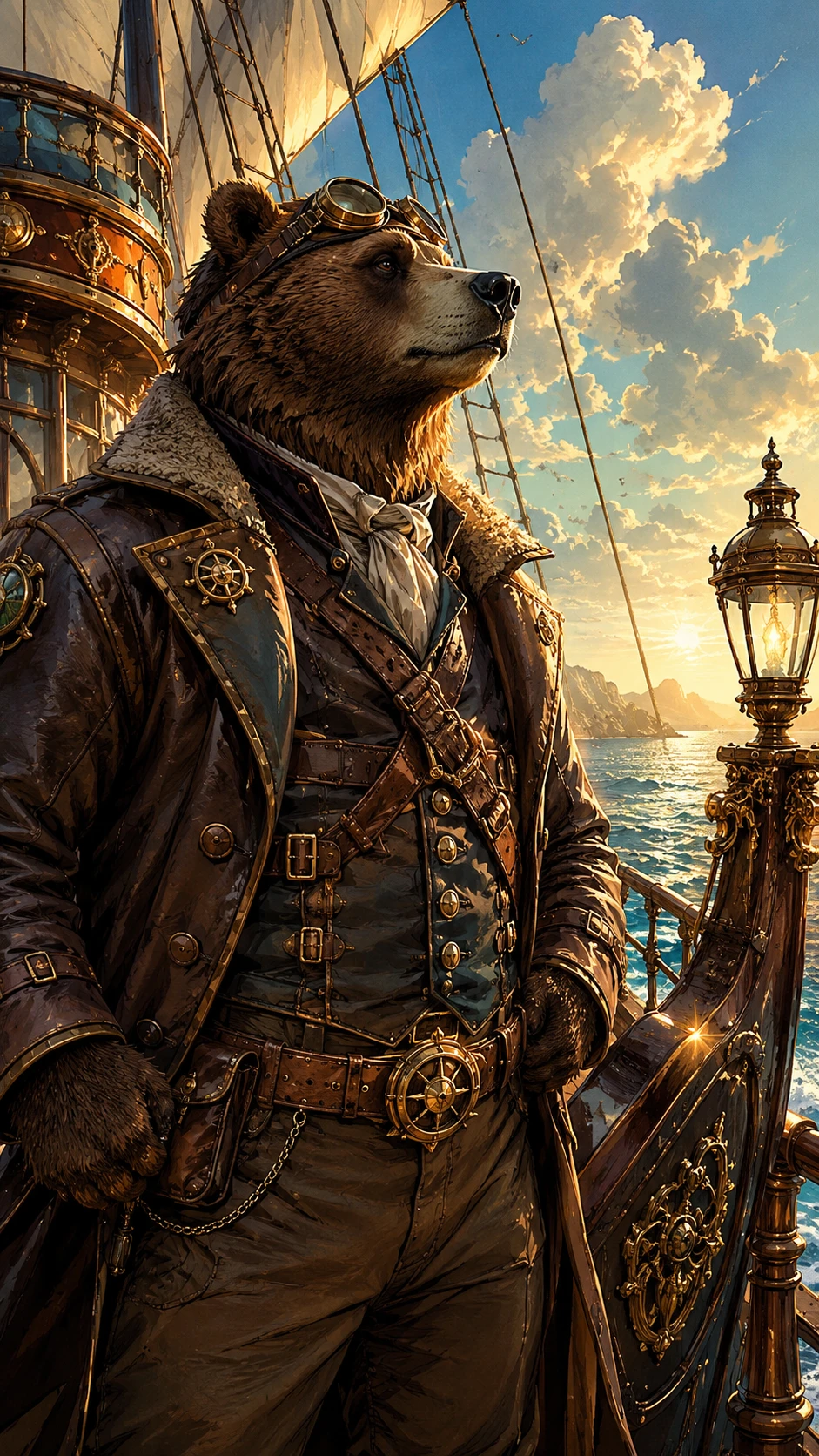 Steampunk bear pilot standing on a sunlit ship deck