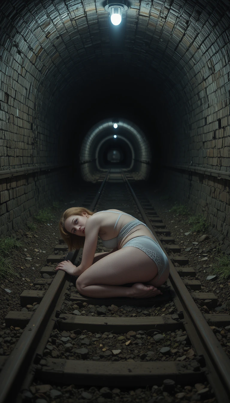 Mujer acurrucada sobre las vías en un oscuro túnel ferroviario