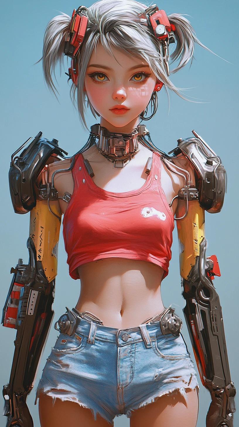 Linda chica de anime con armadura de hierro y fondo en tonos pastel