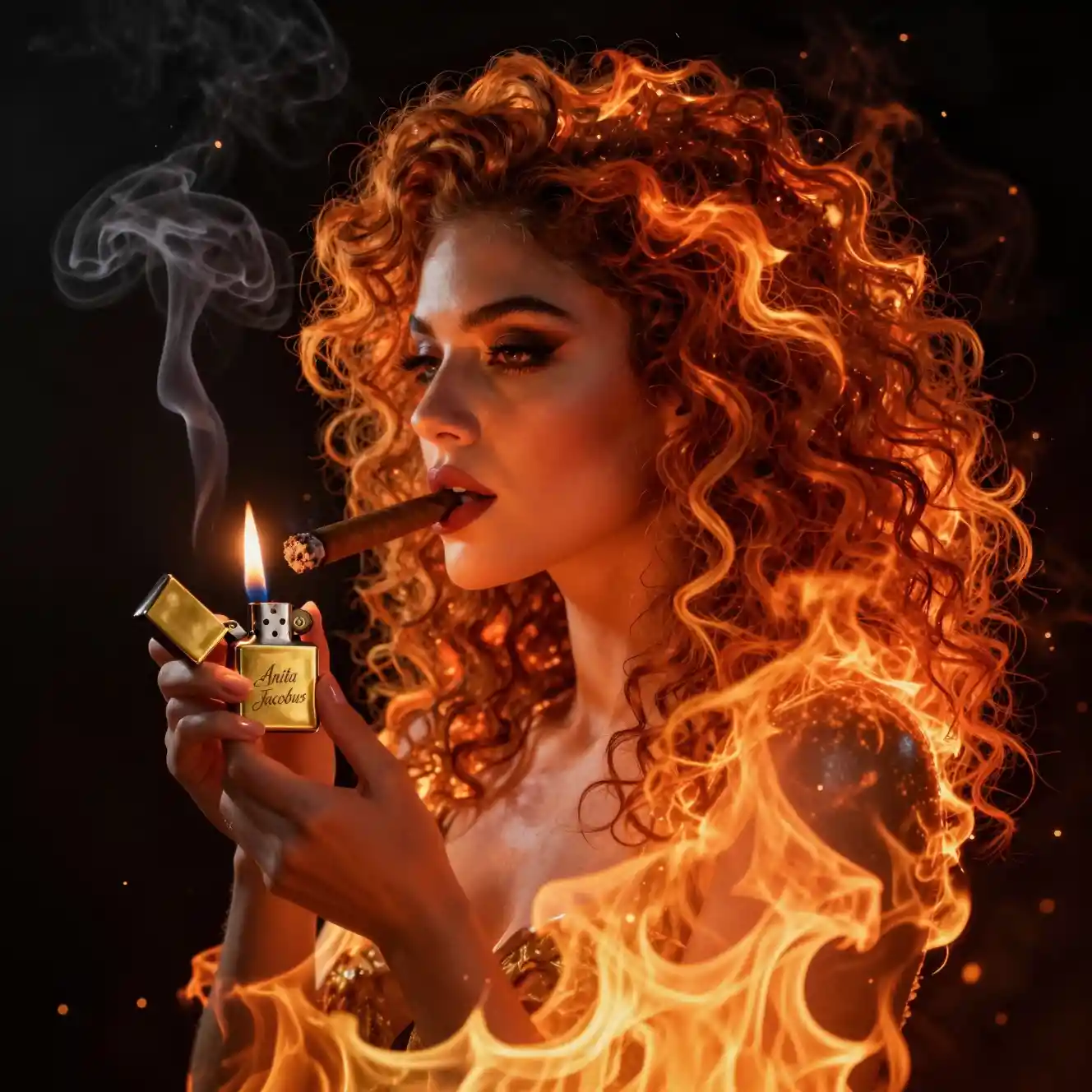 Donna di fuoco di profilo con capelli fiammeggianti e sigaro