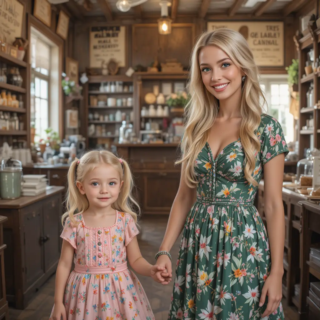 Smiling blonde girl in pink dress in general store