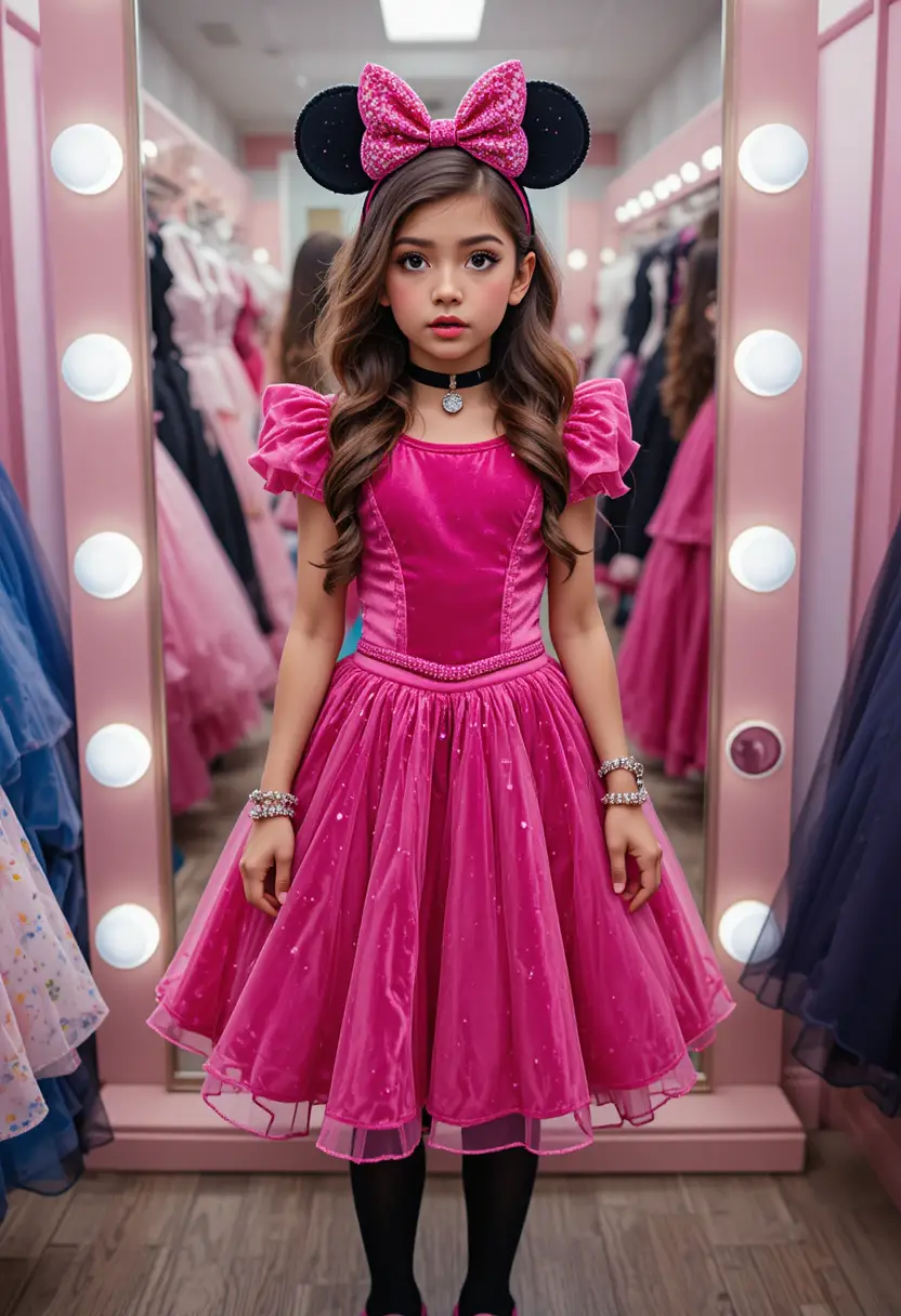 Nervöses Teenager-Mädchen im pinken Minnie-Kleid posiert im Hinterzimmer