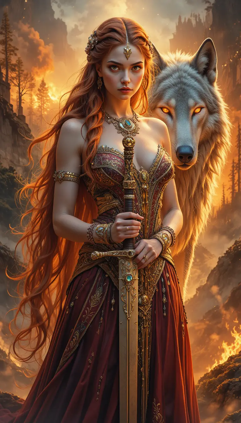 Wikinger-Kriegerbraut mit Wolf in feuriger Fantasy-Landschaft