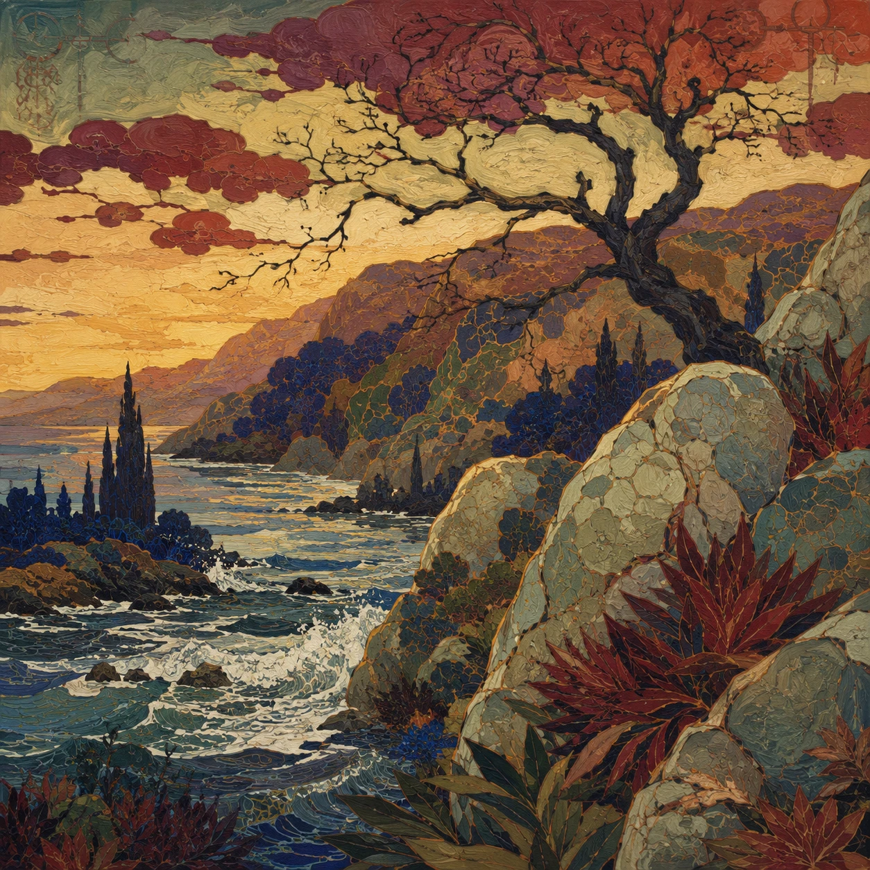 Pintura al óleo estilizada de paisaje costero con costa rocosa