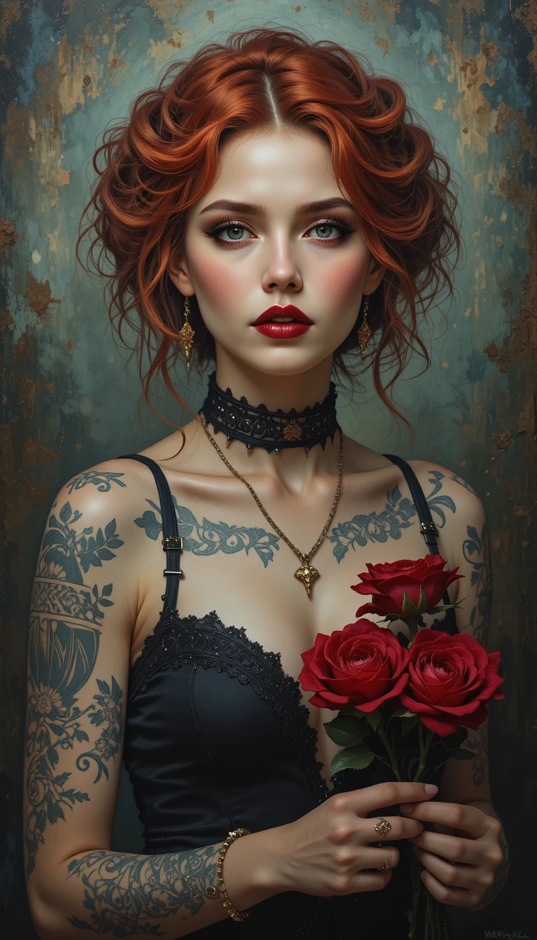 Mujer pelirroja gótica sosteniendo rosas rojas en retrato