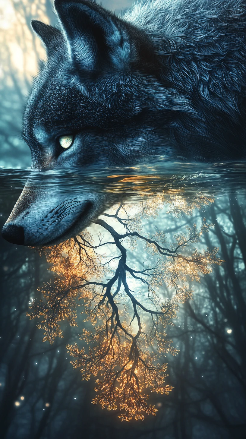 Lobo mirando al agua que revela una realidad reflejada