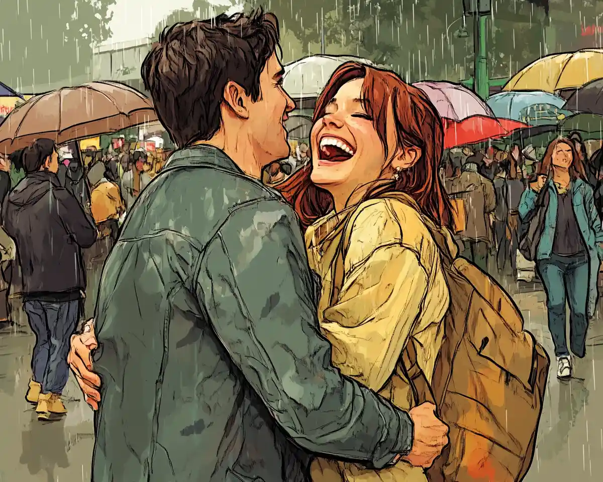 雨の中で抱き合って笑うカップルがいるファーマーズマーケット