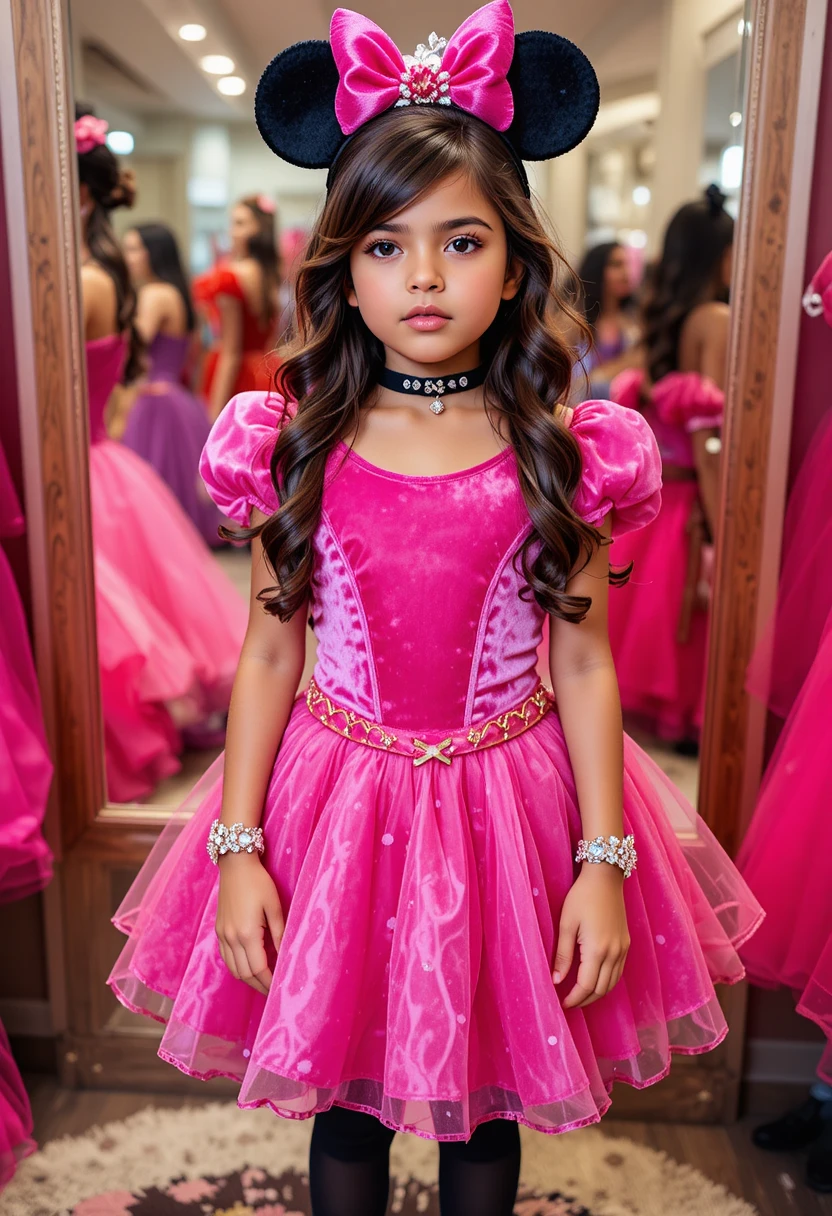 Niño nervioso posando con un vestido de princesa rosa