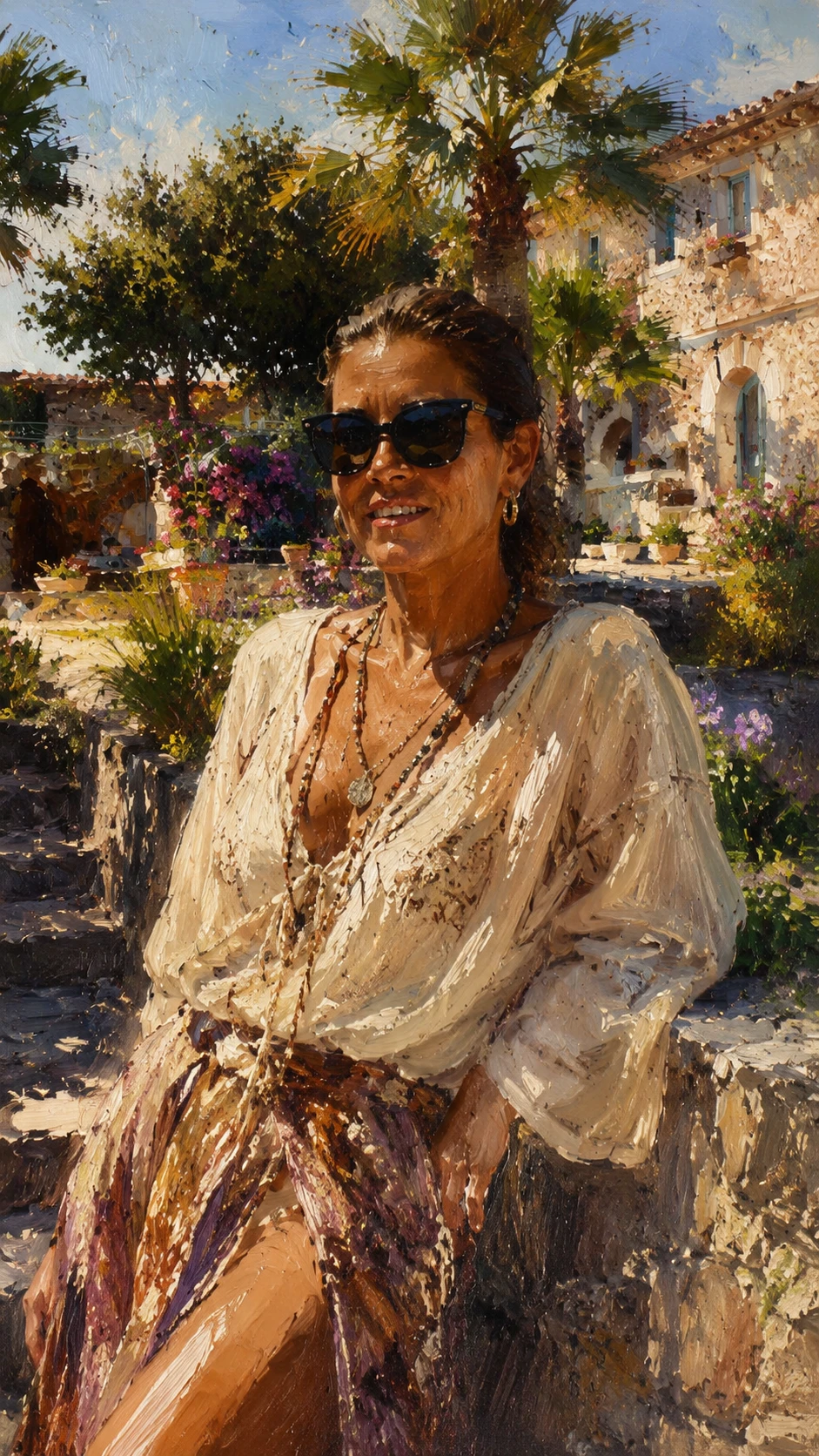 Joven mujer hippie posando bajo la brillante luz del sol mediterráneo