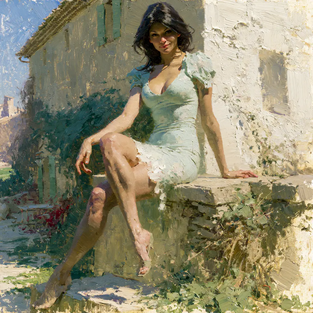 Elegante mujer morena junto a la pared soleada de una casa de campo rural