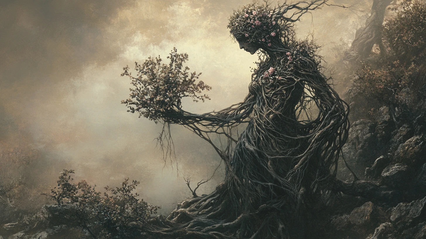 Mujer ancestral del bosque fusionada con raíces retorcidas y flores