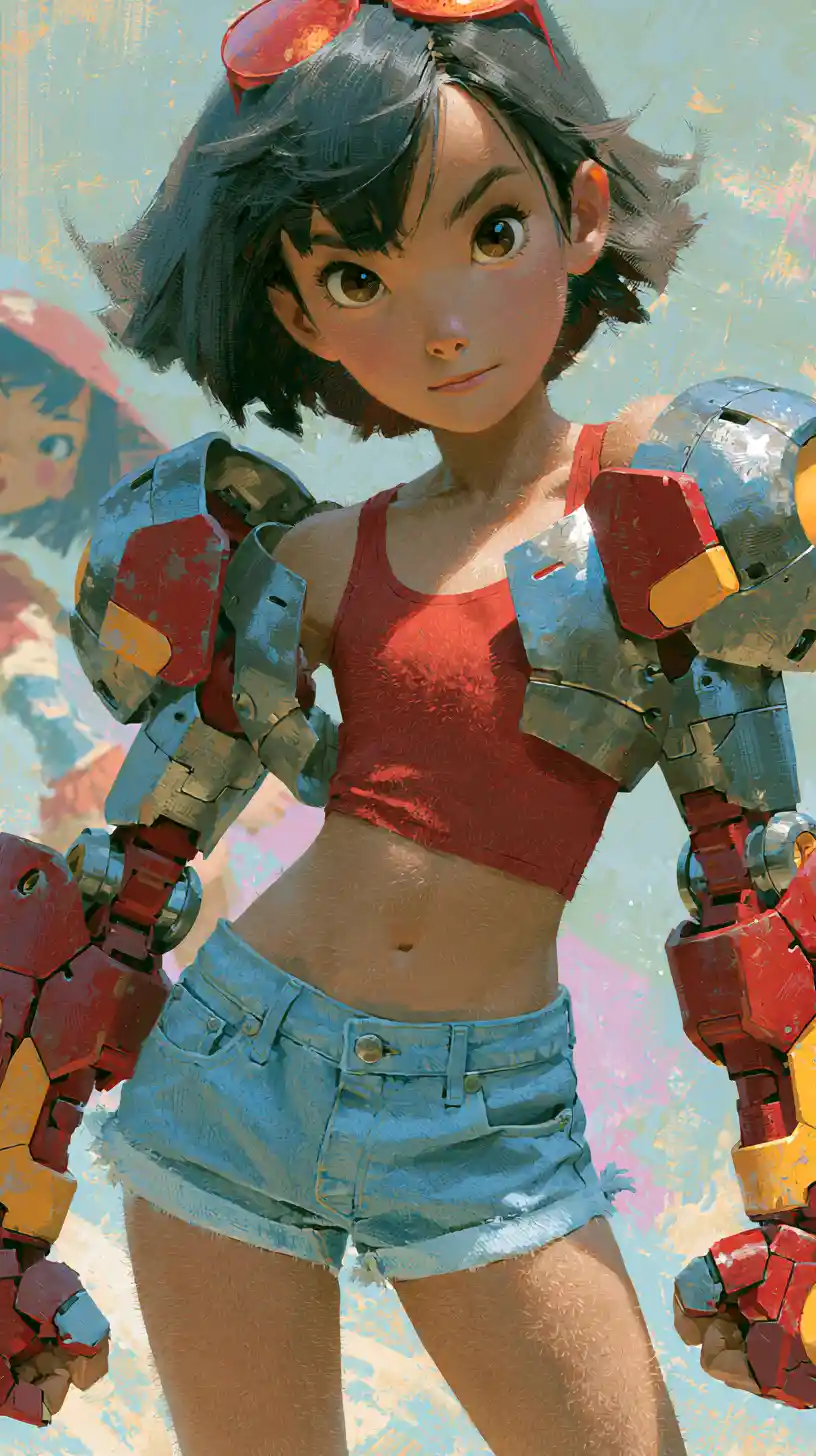 Anime girl in red armor close up with pastel background