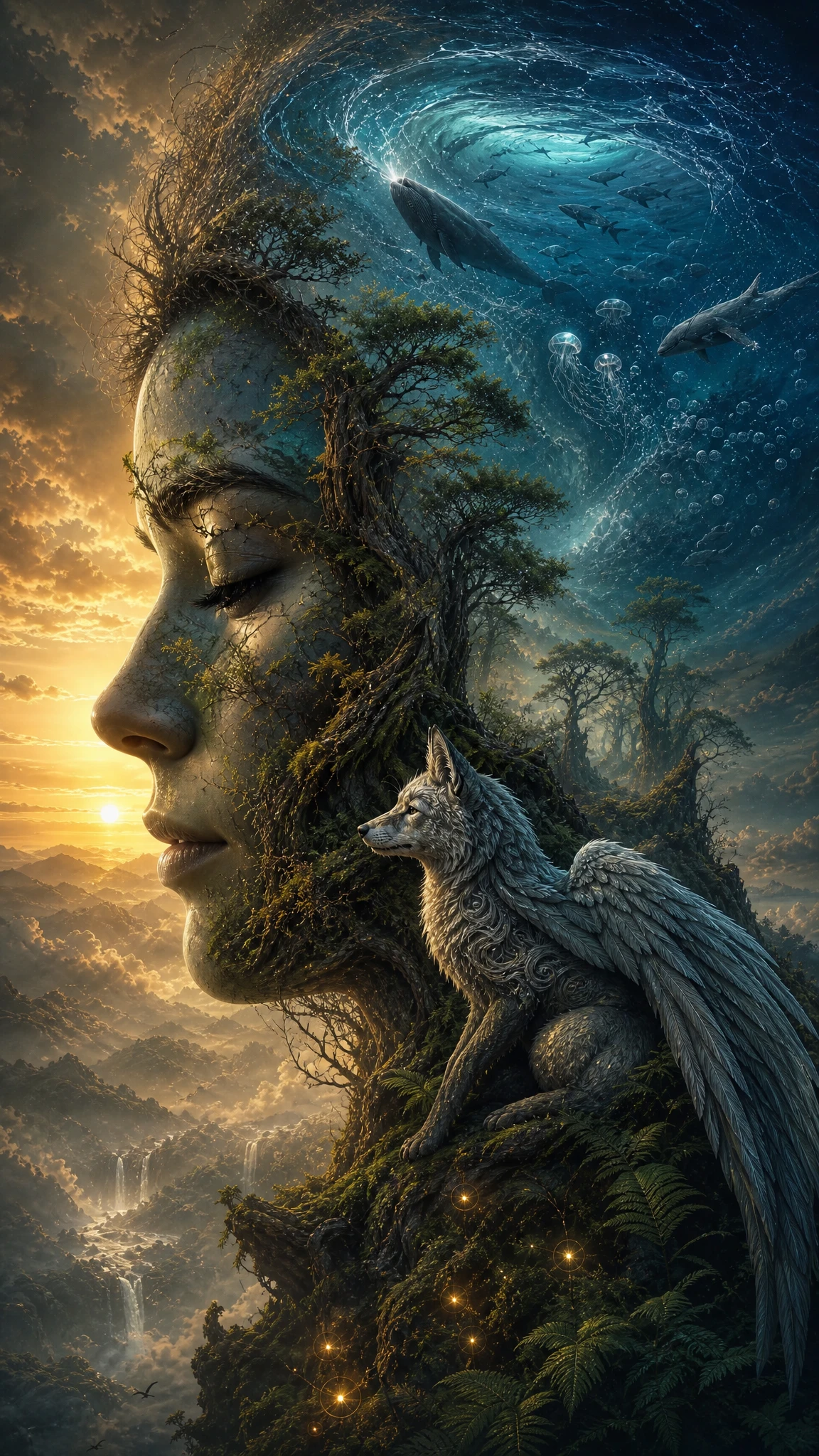Perfil femenino surreal que fusiona bosque y océano luminoso