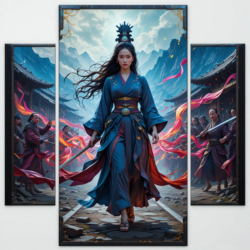 Guerrera japonesa saliendo de su cabaña de la montaña al amanecer