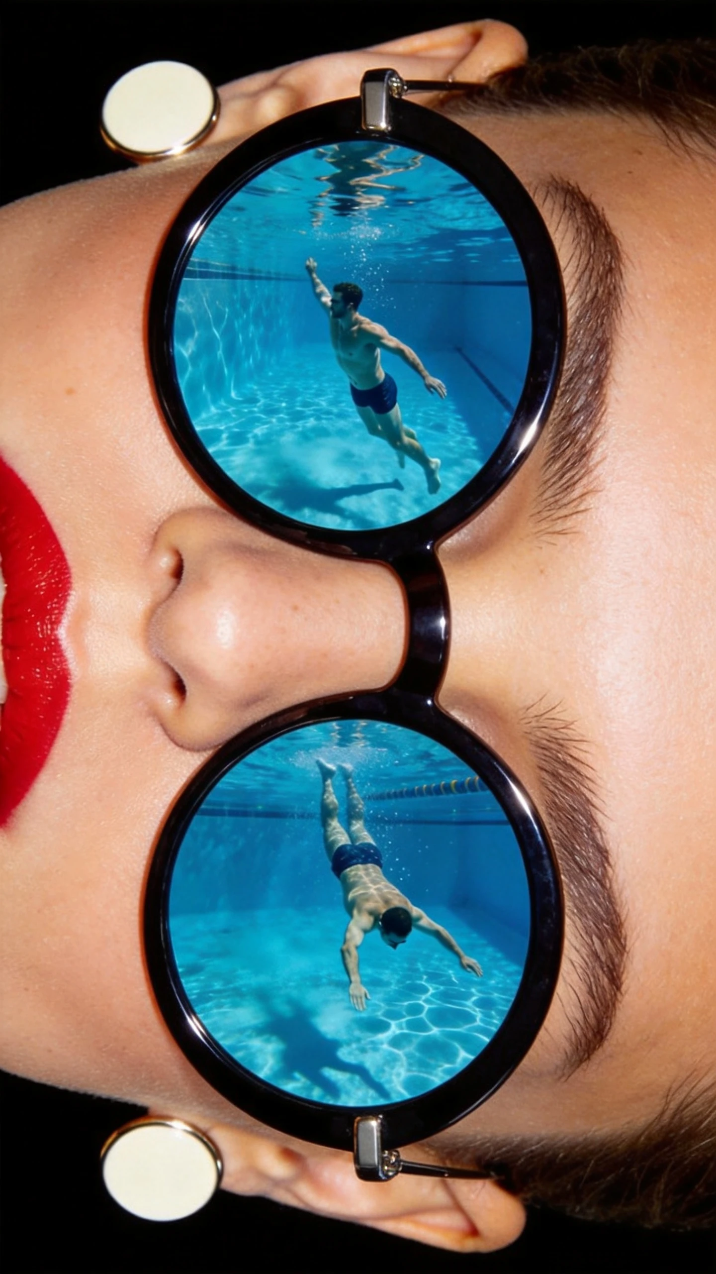 Primissimo piano estremo di donna con occhiali da sole rotondi e riflesso della piscina