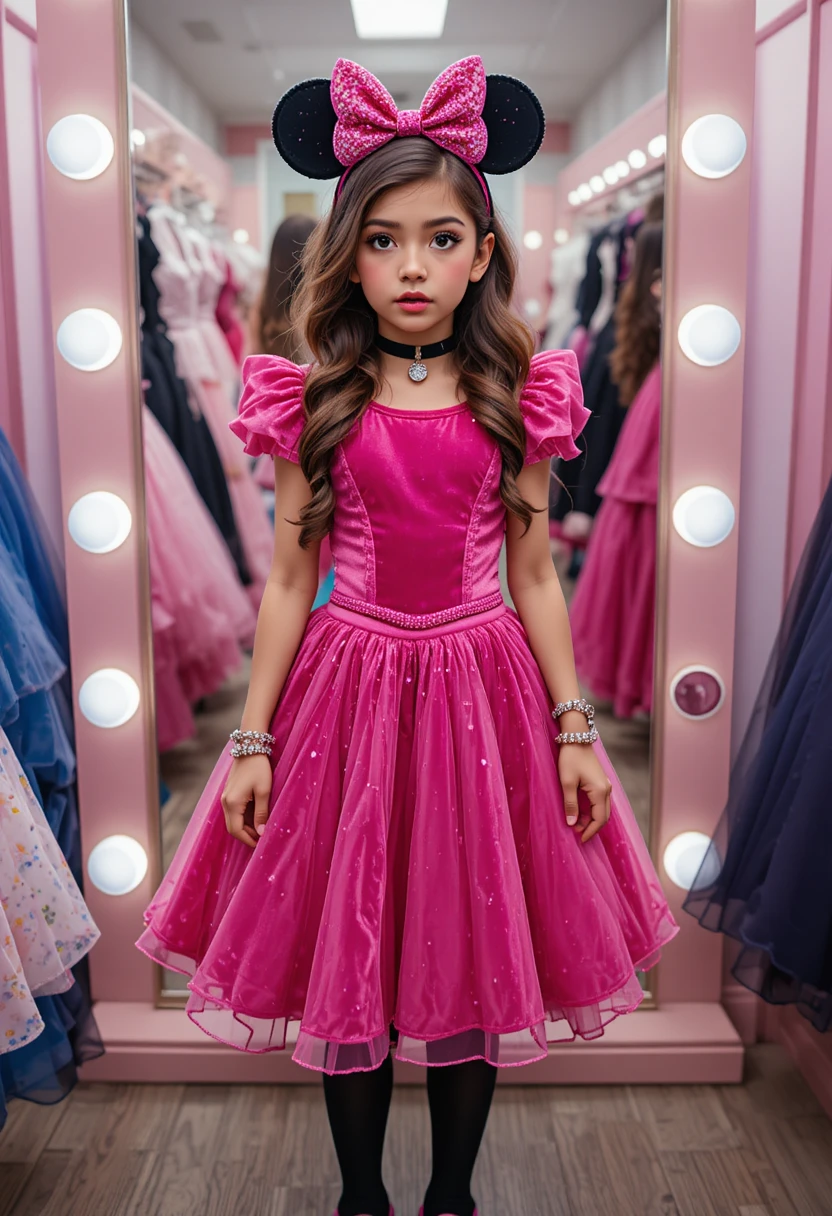 Adolescente nerviosa con vestido rosa de Minnie posando en el cuarto trasero