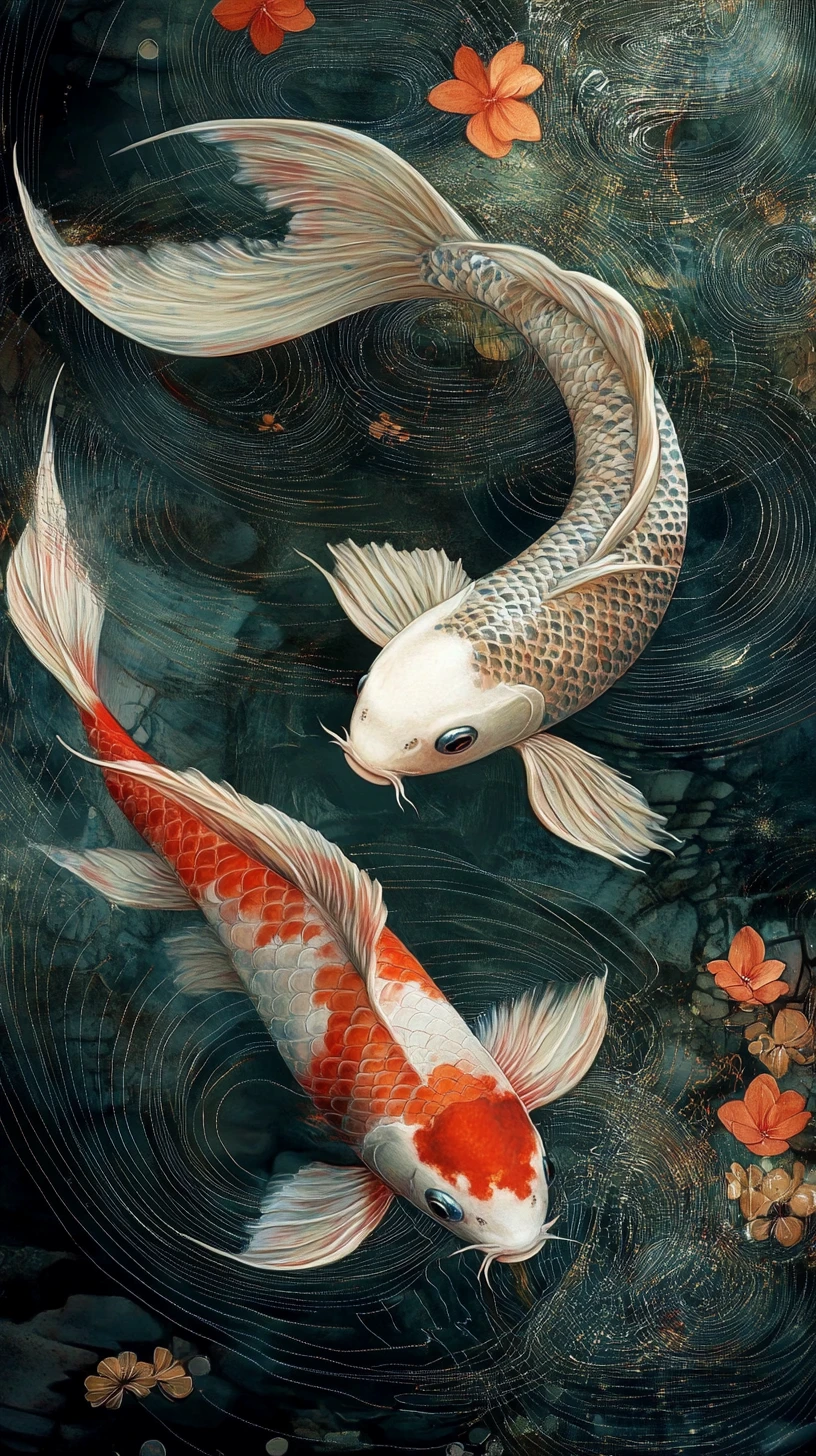 Graceful koi fish drifting through an abstract optical current