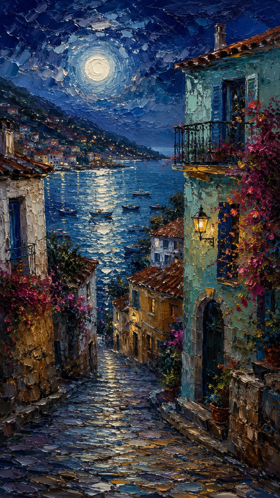 Moonlit Mediterranean village above a serene coastal harbor