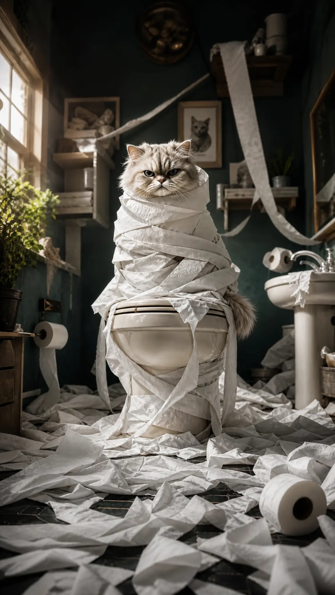 Perserkatze in Toilettenpapier eingewickelt in chaotischem Badezimmer