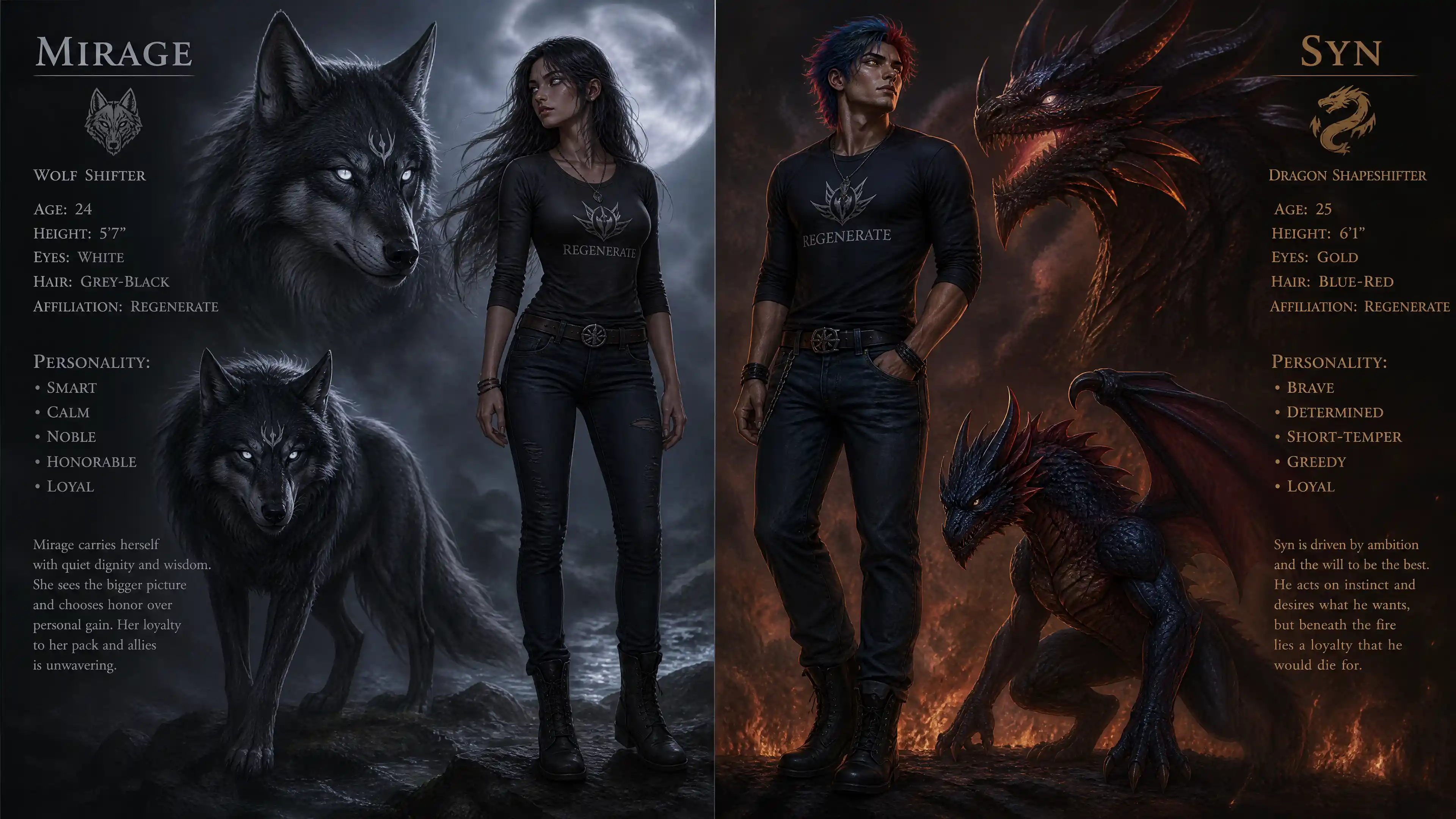 Calm noble female wolf shifter with long dark hair