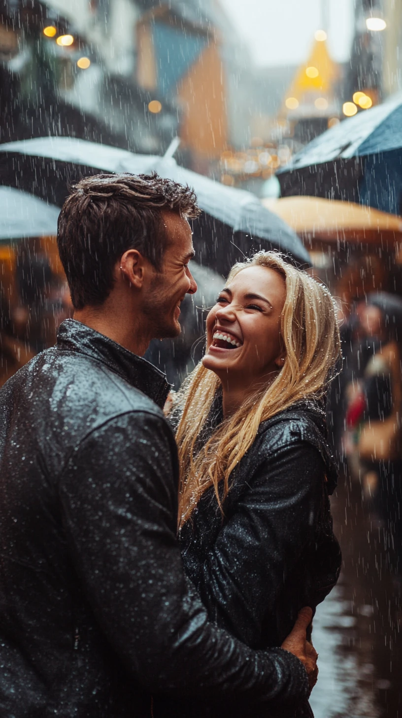 Laughing blonde couple in rain at outdoor farmers market
