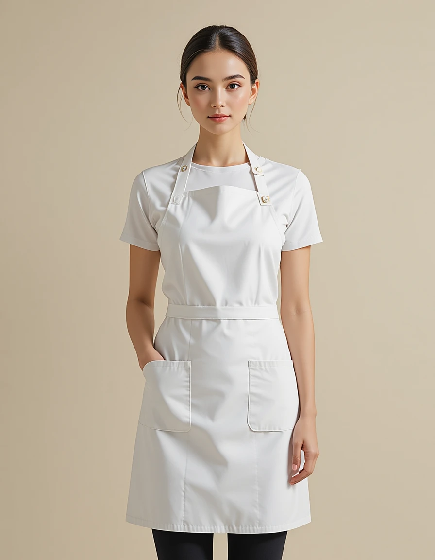 Elegante delantal blanco en modelo sobre fondo neutro suave
