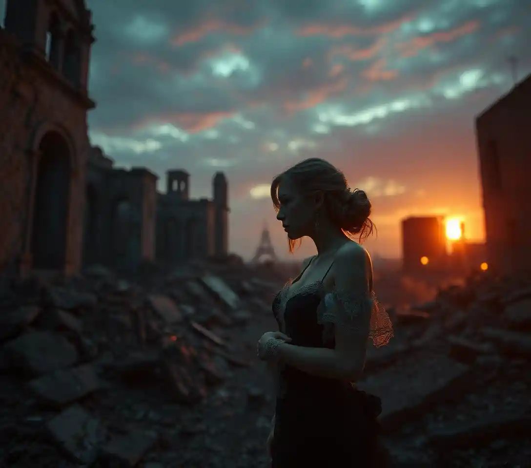 Two women in dawn lit ruins with surreal neon horror
