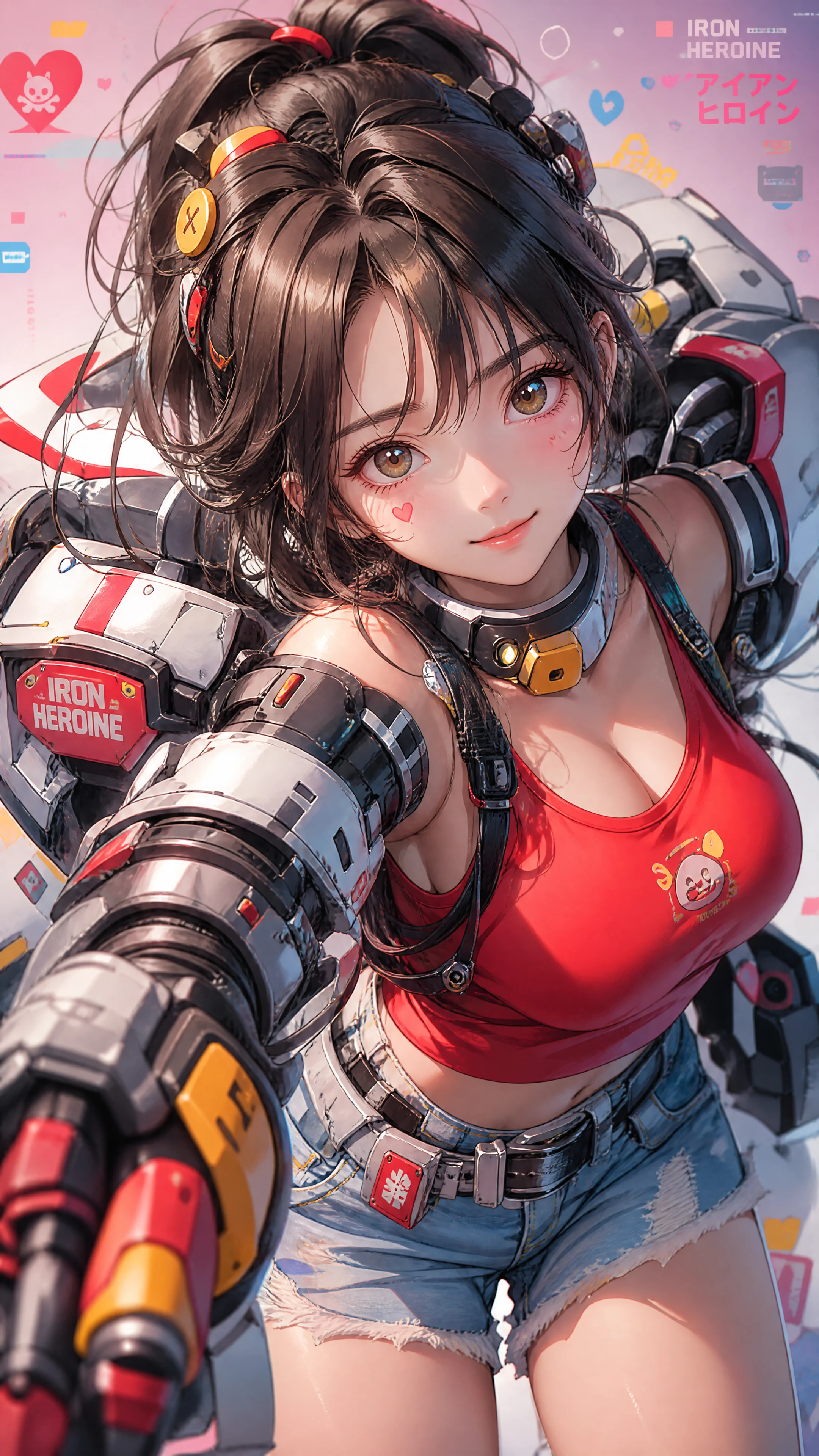 Anime girl in armor with red top and denim shorts